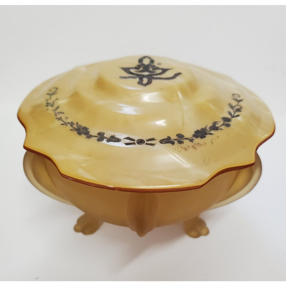 Vintage Art Deco Amber Frosted Glass Vanity Powder Jar Footed with Celluloid Lid - Picture 1 of 16